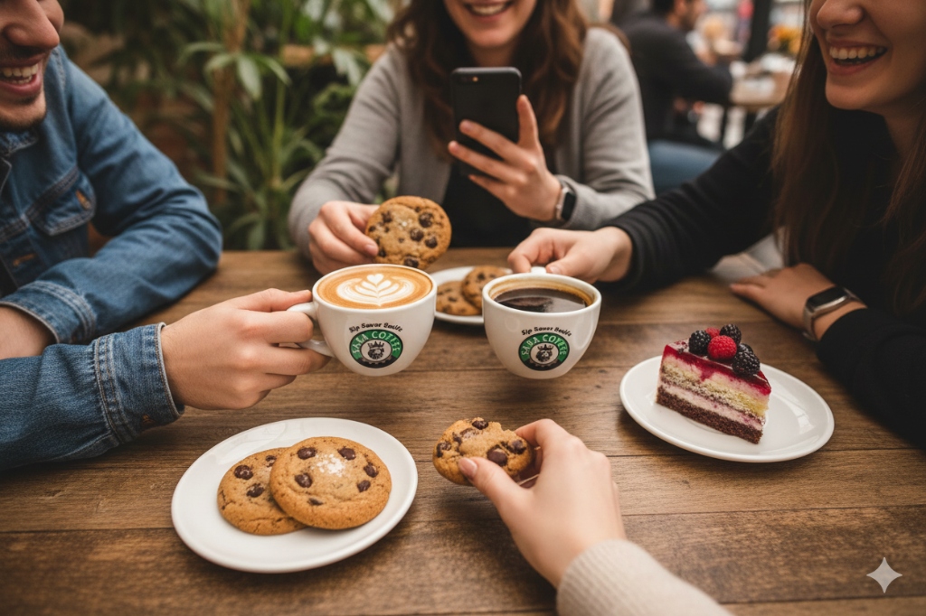 Friends enjoying coffee and desserts